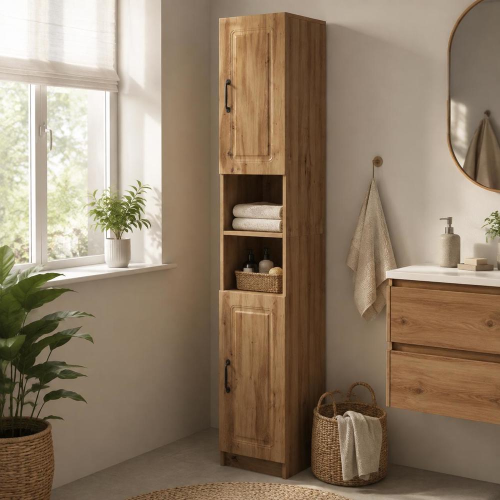 Image of Oak Bathroom Cabinet With Open Shelf - Modern Minimalist Suitable For Small Bathrooms, Storage Shelf Unit, Space-saving For Towels, Toiletries & Medication Organization, Wood