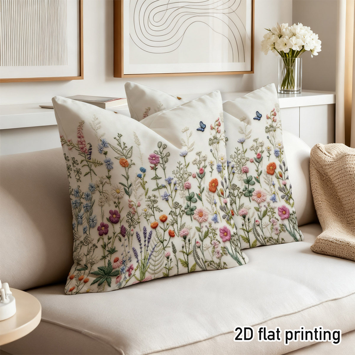 TEMU Printed Deisgn Not Textured 2pcs Floral Embroidery Style Colorful Flower Plants Throw Pillow Covers, Duplex Prints With Vibrant Butterflies And