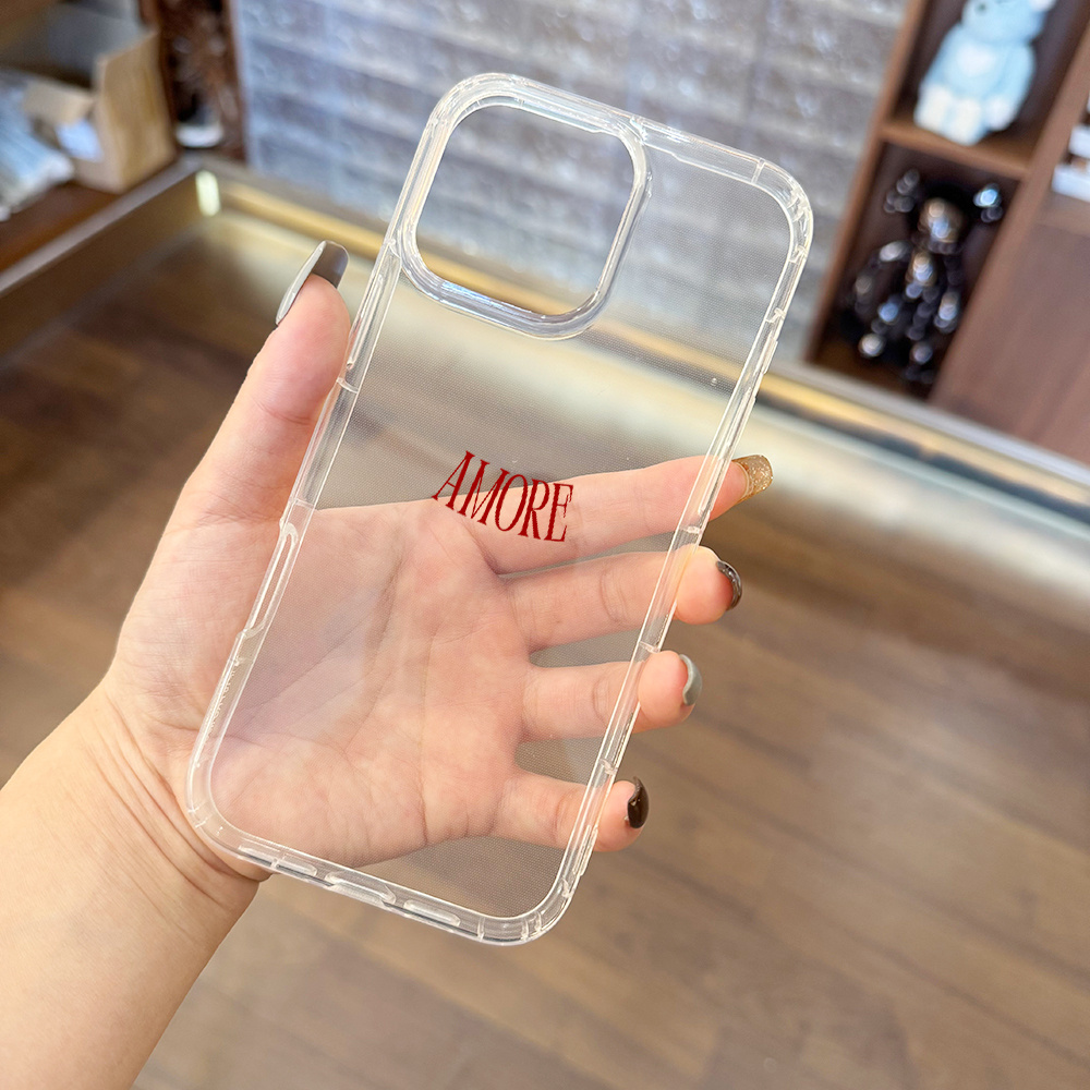 E-shop Handyhülle - Ästhetische, minimalistische, transparente Handyhülle mit roten Liebeswörtern, designt für das iPhone 16 Pro Max. Diese klare Hülle