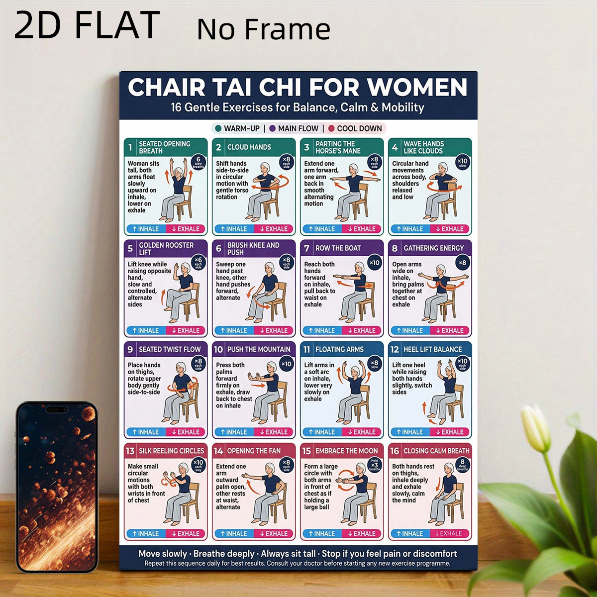 TEMU Affiche plate 2D, Affiche plate 2D, Affiche plate 2D cadre Tai Chi de pratique de posture assise - Intensité modérée, Convient aux personnes