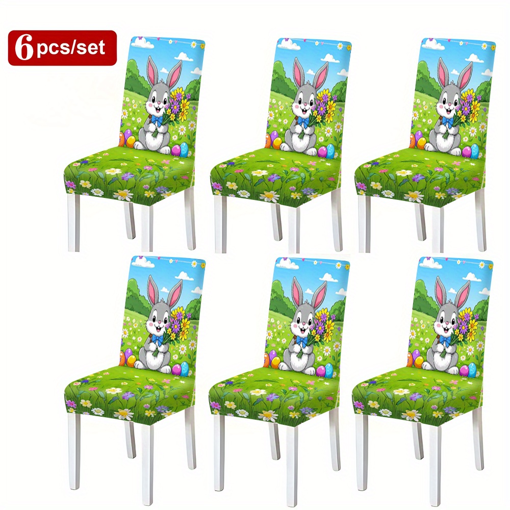 Image of 2/4/6pcs Easter Theme Rabbit Print Chair Covers Removable And Washable Dining Chair Protection Cover Decoration Set / Wear-resistant Chair Covers Home Decoration