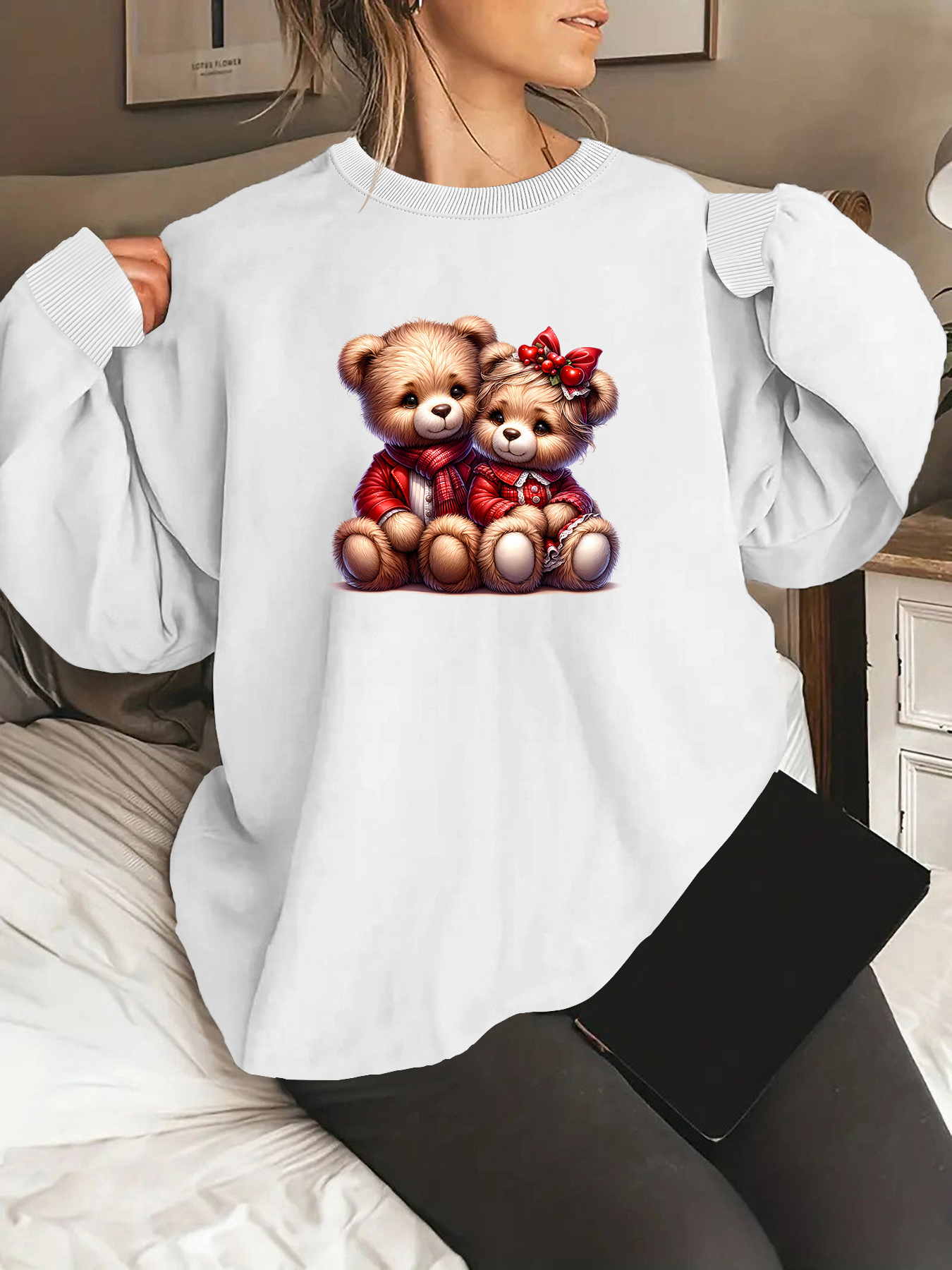 women's cozy teddy bear hoodie soft polyester knit, sleeve