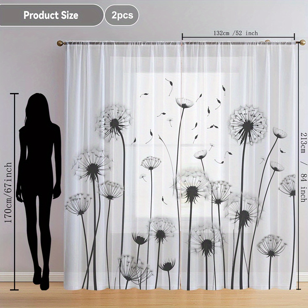 Image of Launch 2pcs Home Decor Sheer Curtains In Gray And White Dandelion, Flowing Window Drapes Suitable For Kitchen, Café, Living Room, Dining Room, Balcony, Garden, And Bedroom