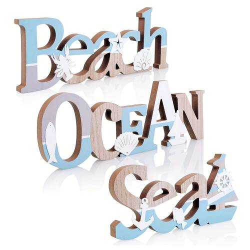 2d flach, 3-teiliges dekoratives strand-schild aus holz: strand, ozean und stranddeko für strandhaus oder büro - nautische stranddeko für zuhause, strandbadezimmer für wohnung