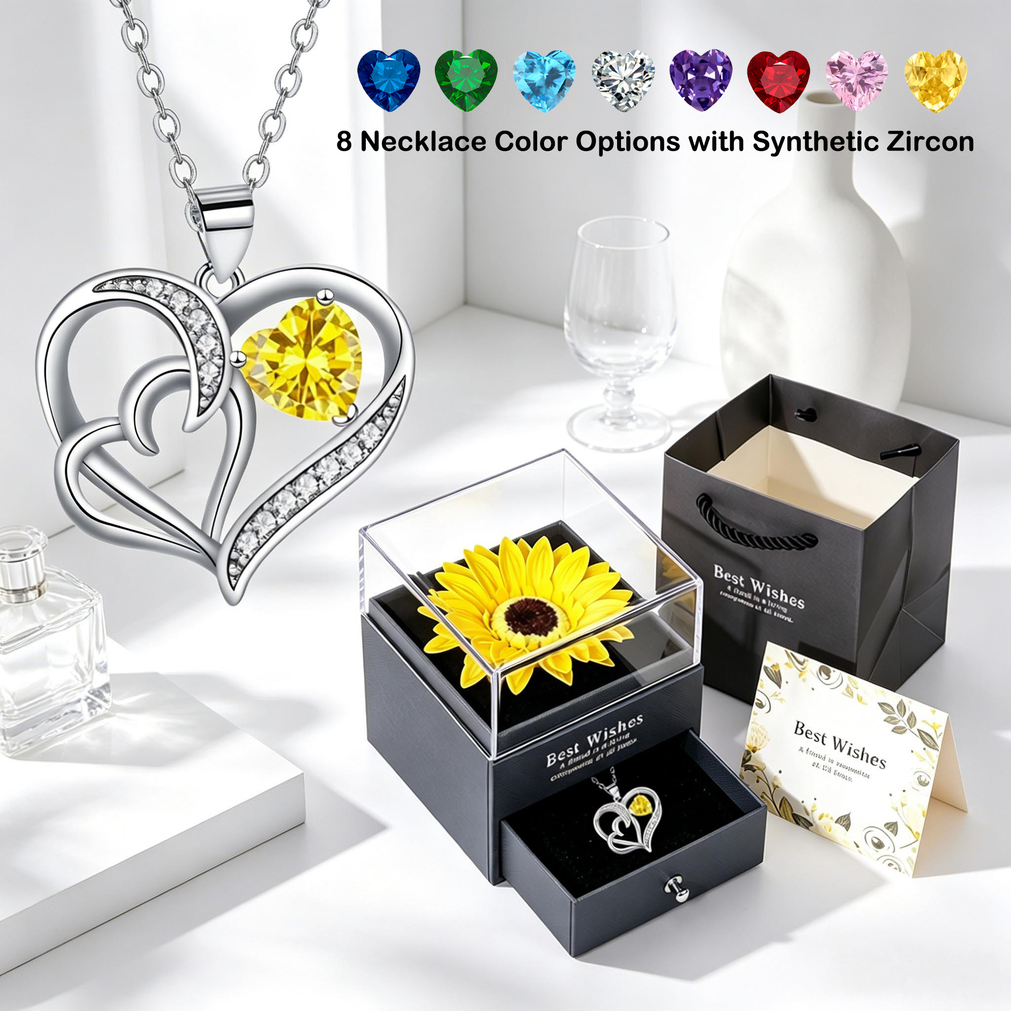 Women's Interlocking Double Heart Synthetic Zirconia Pendant Necklace Set