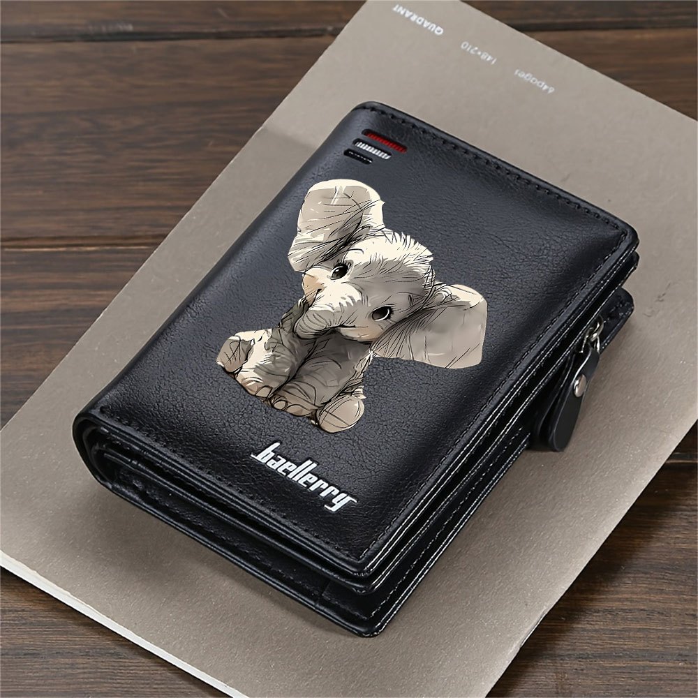 TEMU Cute Elephant Pattern Black Multi Compartment Wallet, 1pc Pu Leather Bi Fold Short Wallet With Zipper Coin Pocket, Large Capacity Card Holder