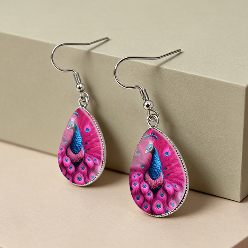 Women's Pink Blue Peacock Teardrop Glass Cabochon Earrings