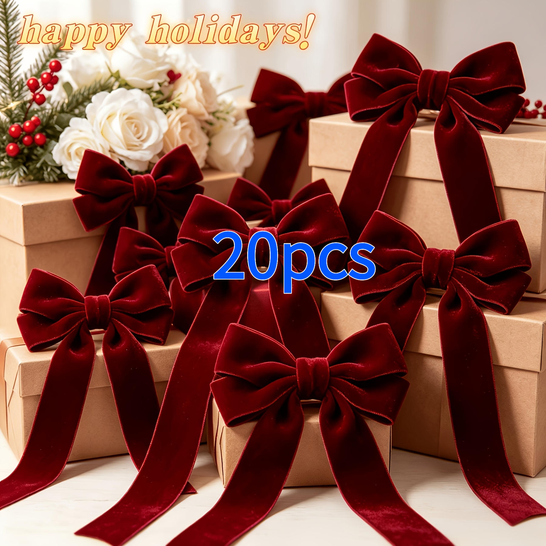 TEMU 20pcs Burgundy Bows, Exquisite Velvet Bows, Christmas Tree Bow Decorations, Suitable For Christmas Decor, New Year Decor, Wedding Decor, Home
