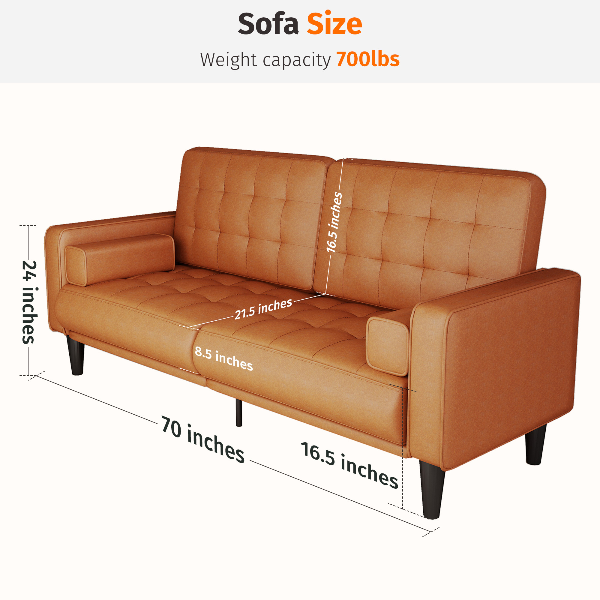 70inch Mid-Century Modern Couch, Breathable Faux Leather Couch with Upholstered Cushions/Pillows, Metal Decorative Legs. Combines Comfort And Durability, for Living Rooms/Offices, Convenient And Practical, Easy to Assemble.