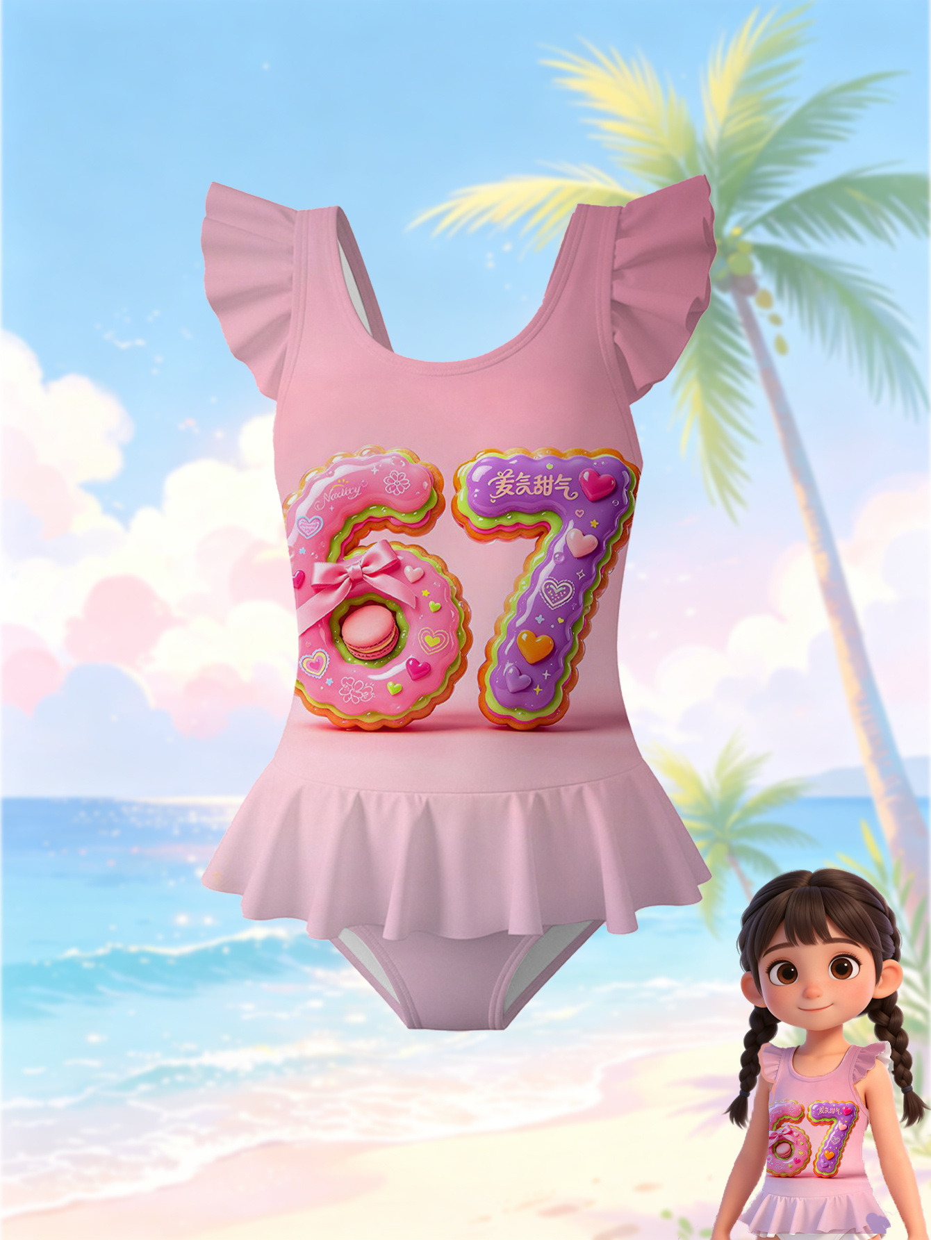 Random Printed Design - Not Textured 2D Printing, Full-Print Digital Fashion Fantasy Summer Clothes for Girls, 67 Heart Girls' 1pc Swimsuit, Elegant Vacation, Sweet, Unique, Cute Gift, New Trendy Party, Holiday Essential, Sports, Outdoor, Casual