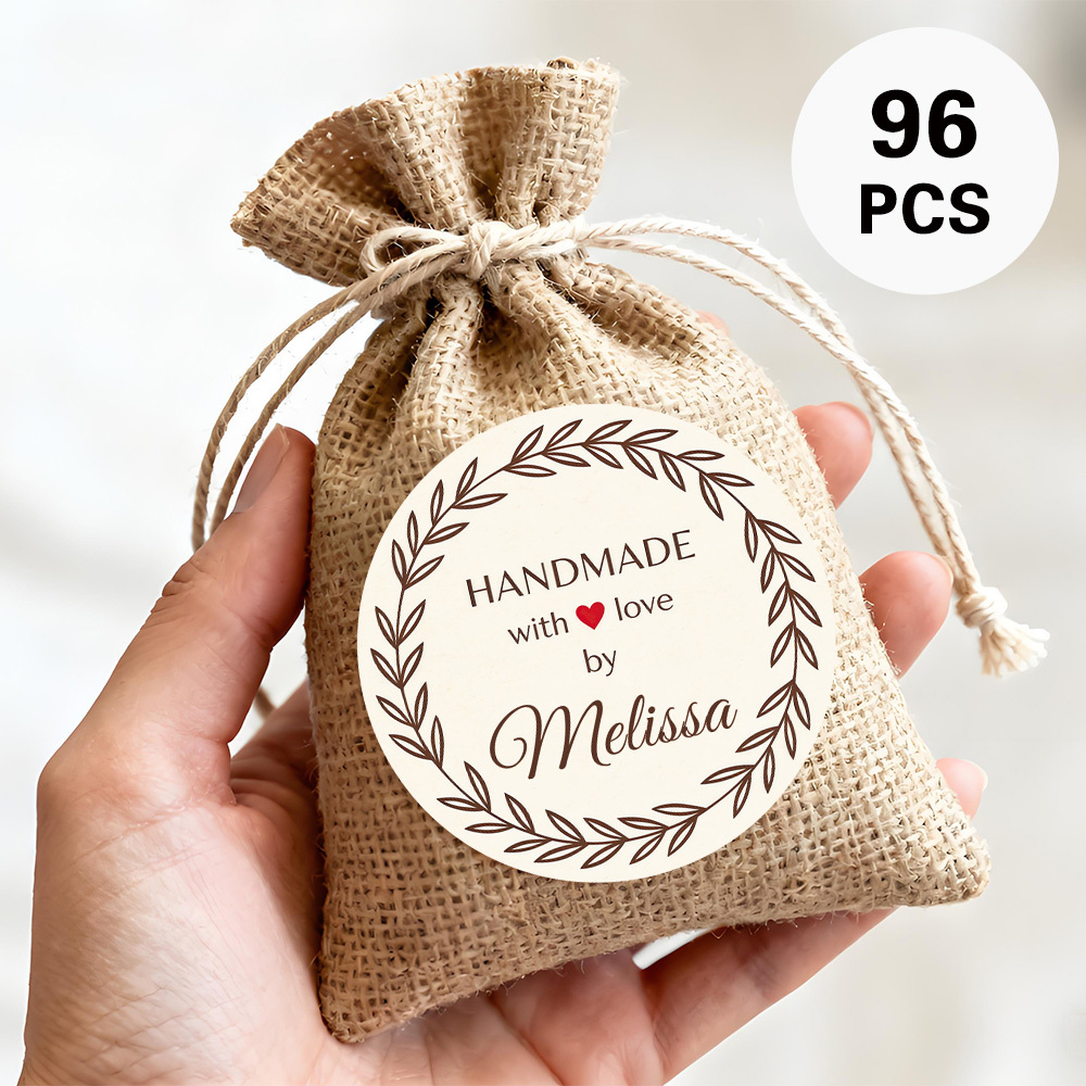 TEMU Custom 96pcs Handmade-themed Round Stickers, Personalizable With Name Etc., Minimalist Wreath Design, Suitable For Handmade Gift Labels, Daily