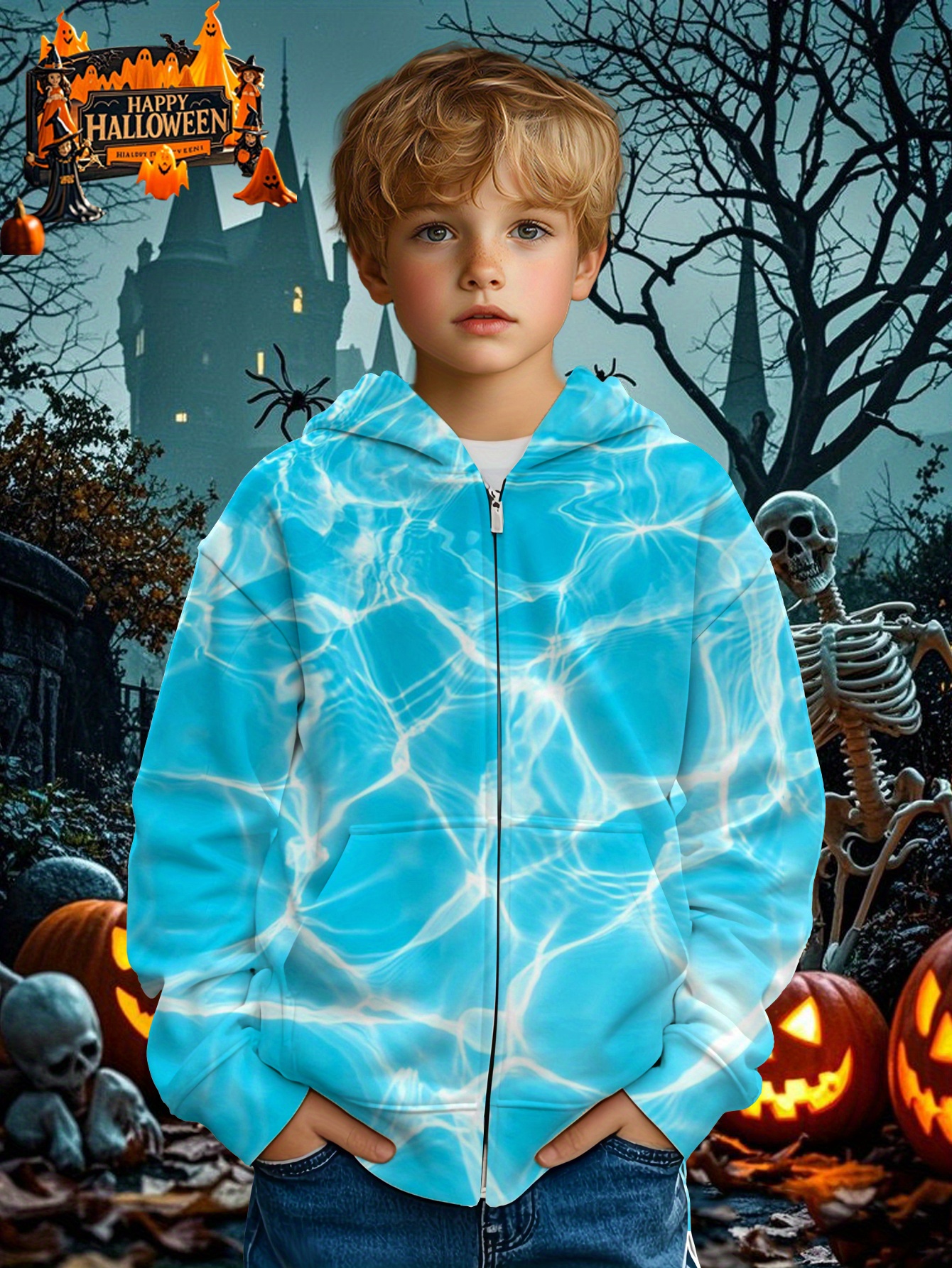 Boys Turquoise Blue & Turquoise   Print Hooded Zipper Jacket - Full-Zip Casual Coat with Full-Length Zipper & Hood, Machine Washable,   Outdoor Wear for Halloween, Christmas, Birthdays, Parties - Youth Fashion Outerwear for Boys & Teens (Spring, Summer, Fall) - Ideal Gift for Everyday & Special Occasions - Stylish & Functional Outerwear for Boys & Teens
