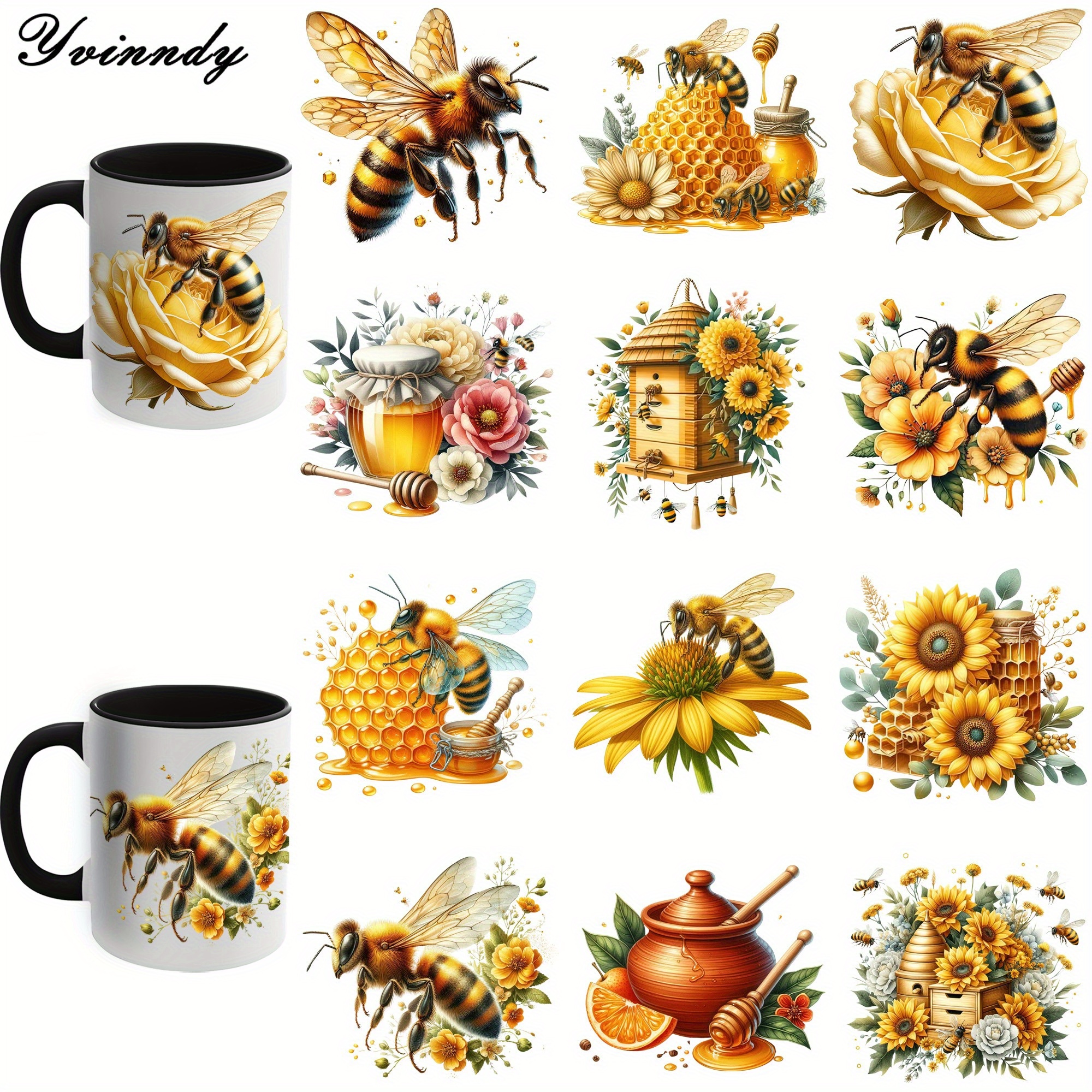 TEMU 12pcs Bees And Honey Uv Dtf Decorative Paper - Waterproof Uv Dtf Transfer Paper For Arts And Crafts, Decorating, Scrapbooks And Seals - Easy To