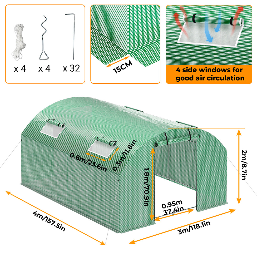 Large Tunnel Greenhouse, 3x4 M/ 3x6m/ 3x8m, Galvanized With 140 G/m² Uv-protected Pe Cover, Walk-in Plant Greenhouse For Vegetables, Tomatoes And Flowers