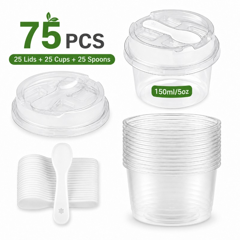 TEMU 75pcs Set(25 Cups, 25 Lids, And 25 Spoons) 5oz Transparent Dessert Cups With Lids And Spoons, 150ml Plastic Paraffin Cups, Suitable For Ice