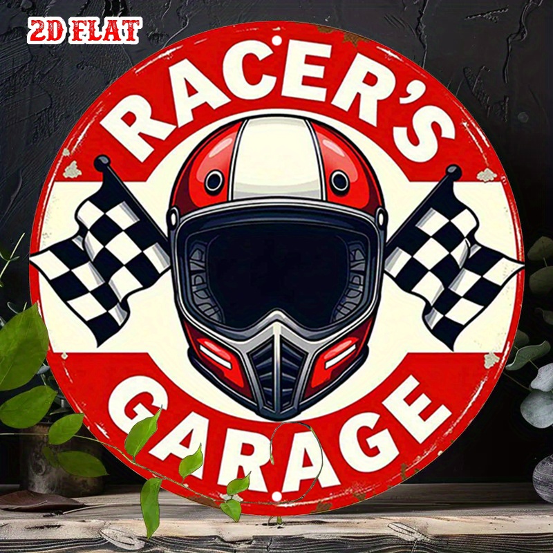 TEMU 2d Flat Car Garage Round Sign - 7.87x7.87 Inches Design Wall Decor With Checkered Flag And Helmet Art, Suitable For Home, Garage, Cafe, Man Cave