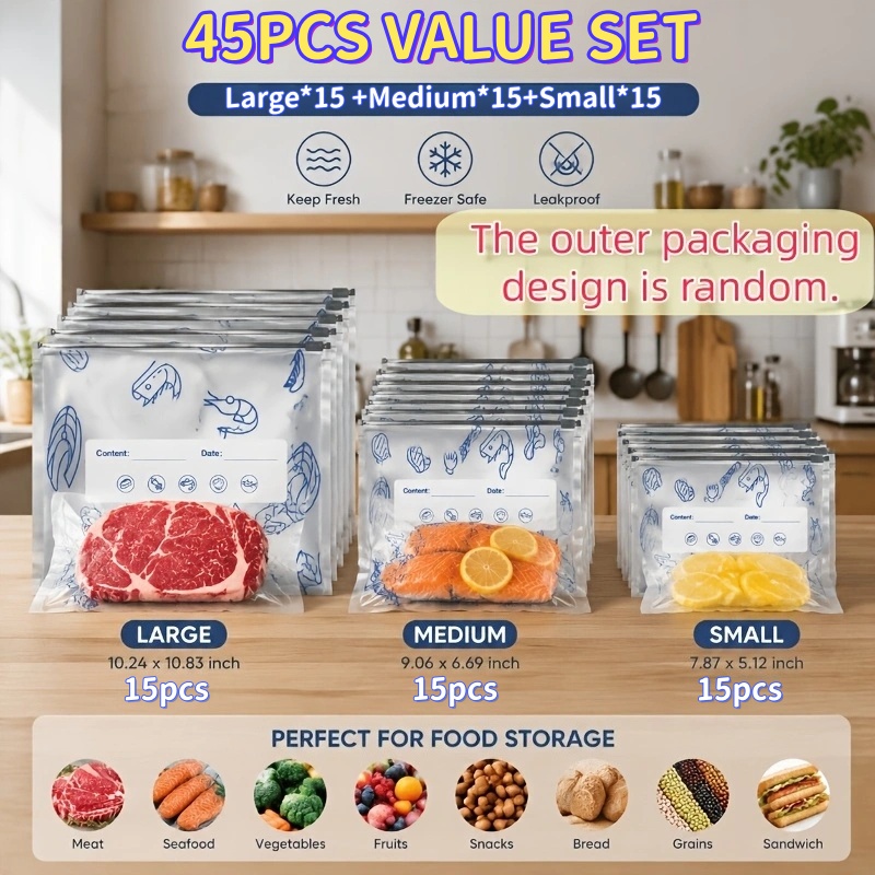 TEMU 45pcs Sacs de conservation sous vide épaissis, réutilisables et lavables, de portionnage multi-tailles avec étiquettes de date, motif aléatoire,