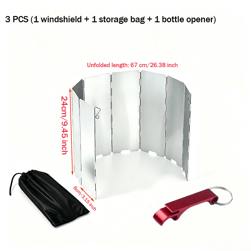 TEMU 3pcs Set: 1 Windscreen + 1 Bag + 1 Bottle Opener. Outdoor Camping Windscreen, Foldable, Ultralight, Portable, Backpack-style Camping Windshield.
