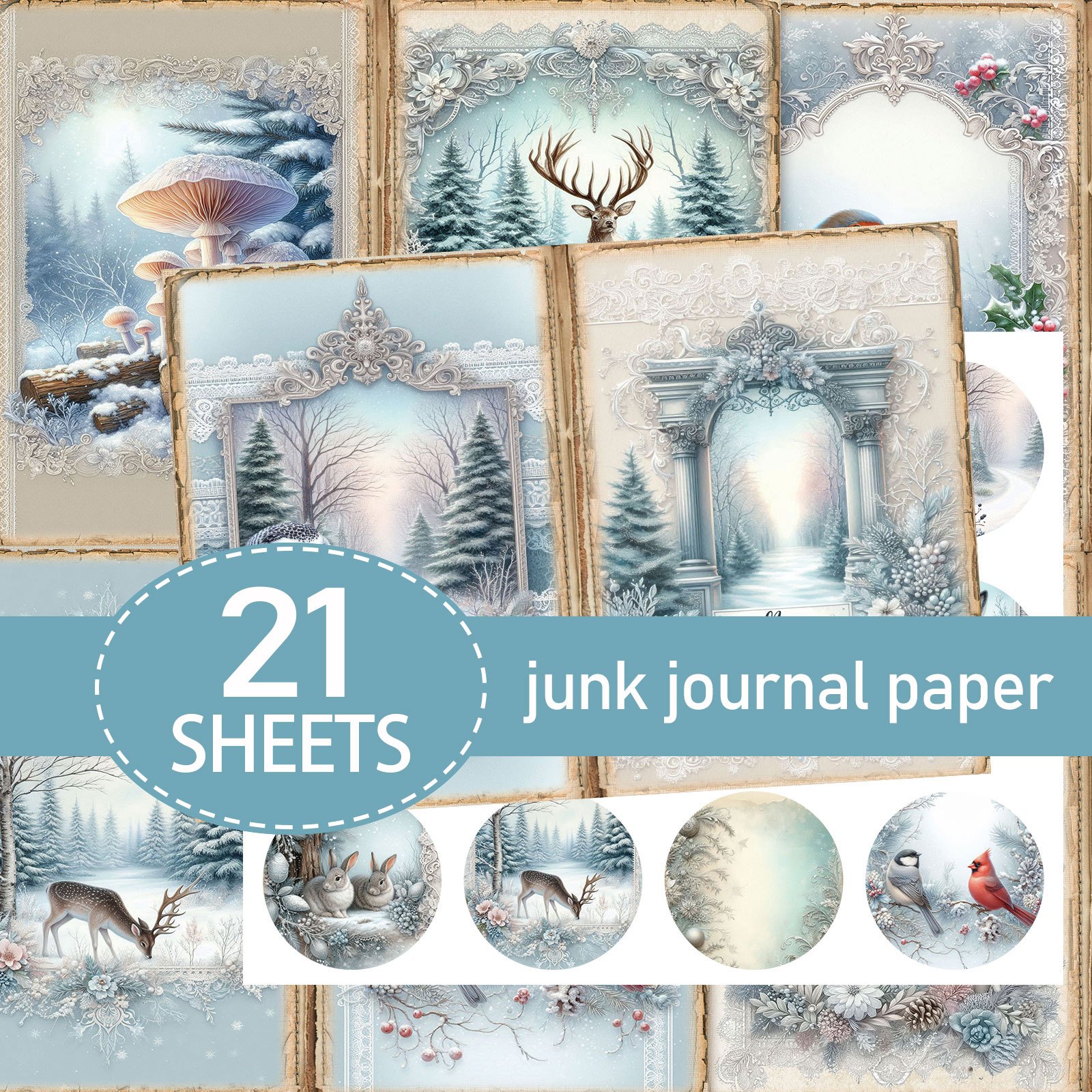 TEMU 21 feuilles de papier A5 (papier + autocollants), style pays des de glace et de neige, scène de neige et de neige, ensemble de papier, papier