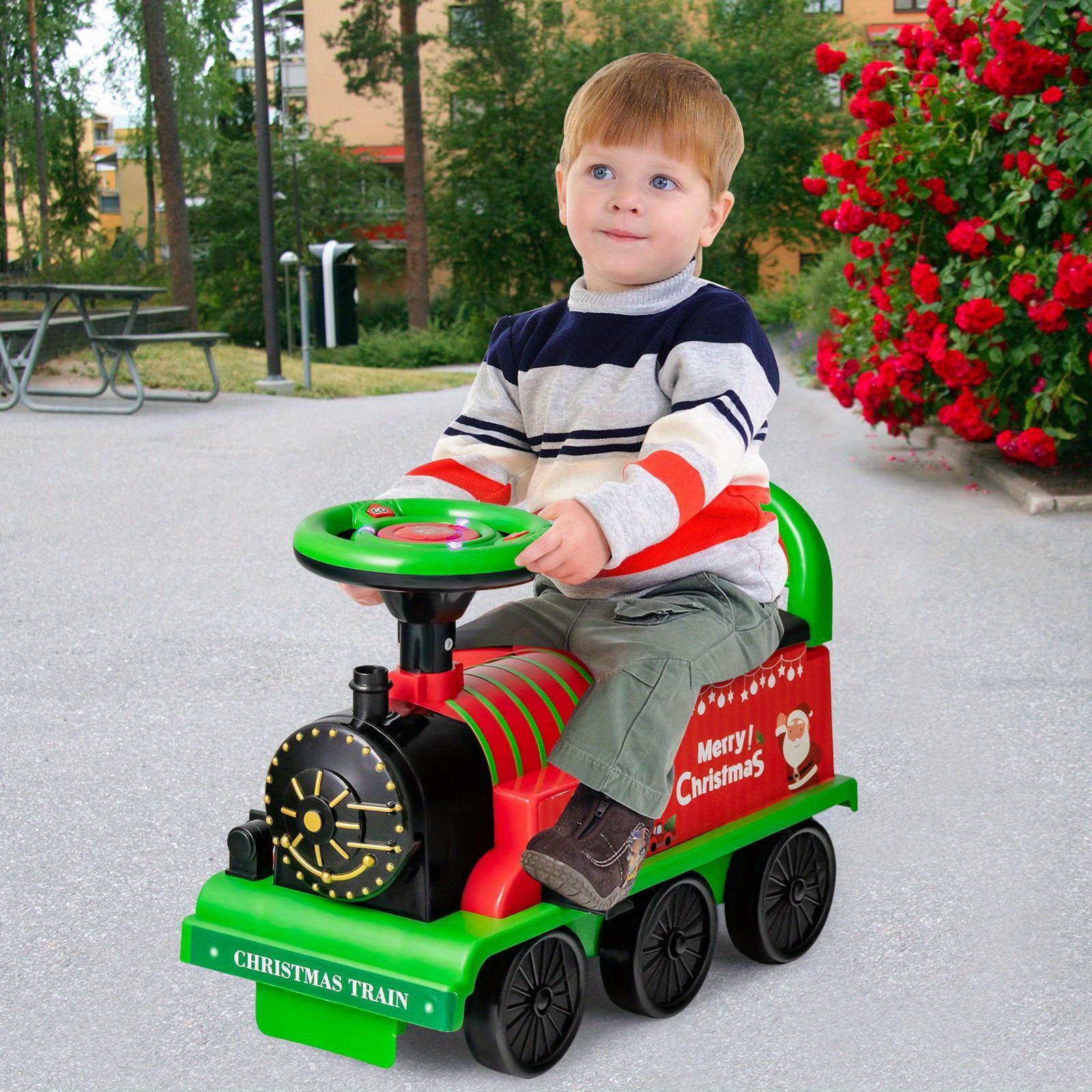 TEMU Jouet Train Électrique avec Rails, Train Jouet 6V avec Lumières, Train à Monter avec Siège de Rangement, Confortable, Dispositif -basculement