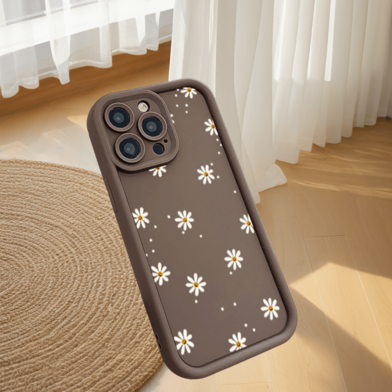 TEMU Phone Case - 1pc Of A Soft Phone Case Featuring A Design Of White Dots And Small White Daisies On A Black, White, And Brown Background, With