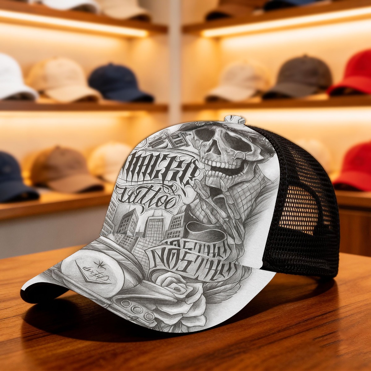 TEMU 1pc Gorro de Visera con Estampado Completo de y Estilo Chicano, Gorra de Malla Duradera, Sombrero Elegante y Versátil, para Ropa , Deportes,