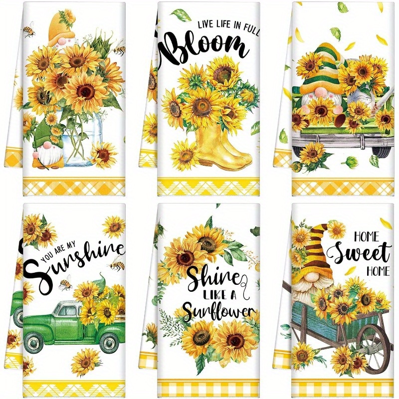 

6-pack Modern Sunflower Kitchen Towels - 18x26 Inch Polyester Dish Cloths - Cartoon Themed, Super Soft, Woven, Machine Washable Hand Towels For Home And Beach - Ideal Housewarming Gift