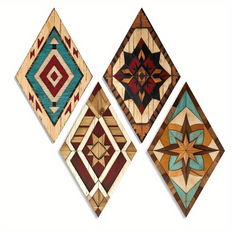 Image of 4pcs Rustic Bohemian Rhombus Wooden Wall Art Decor, Hanging Plaques, Decorative Wall Ornaments For Living Room And Bathroom, Wooden Gifts For Housewarming, Indoor/outdoor Decorations