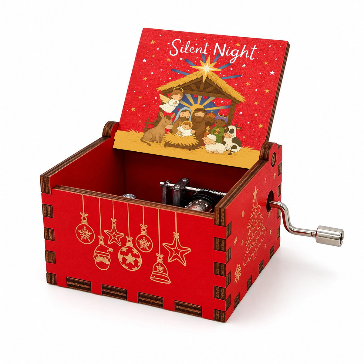 TEMU 1pc Christmas Wooden Music Box Hand-cranked Sound Box Lid Painted With Nativity Scene Pattern Stars Angels Holy Family And Other Elements Rich