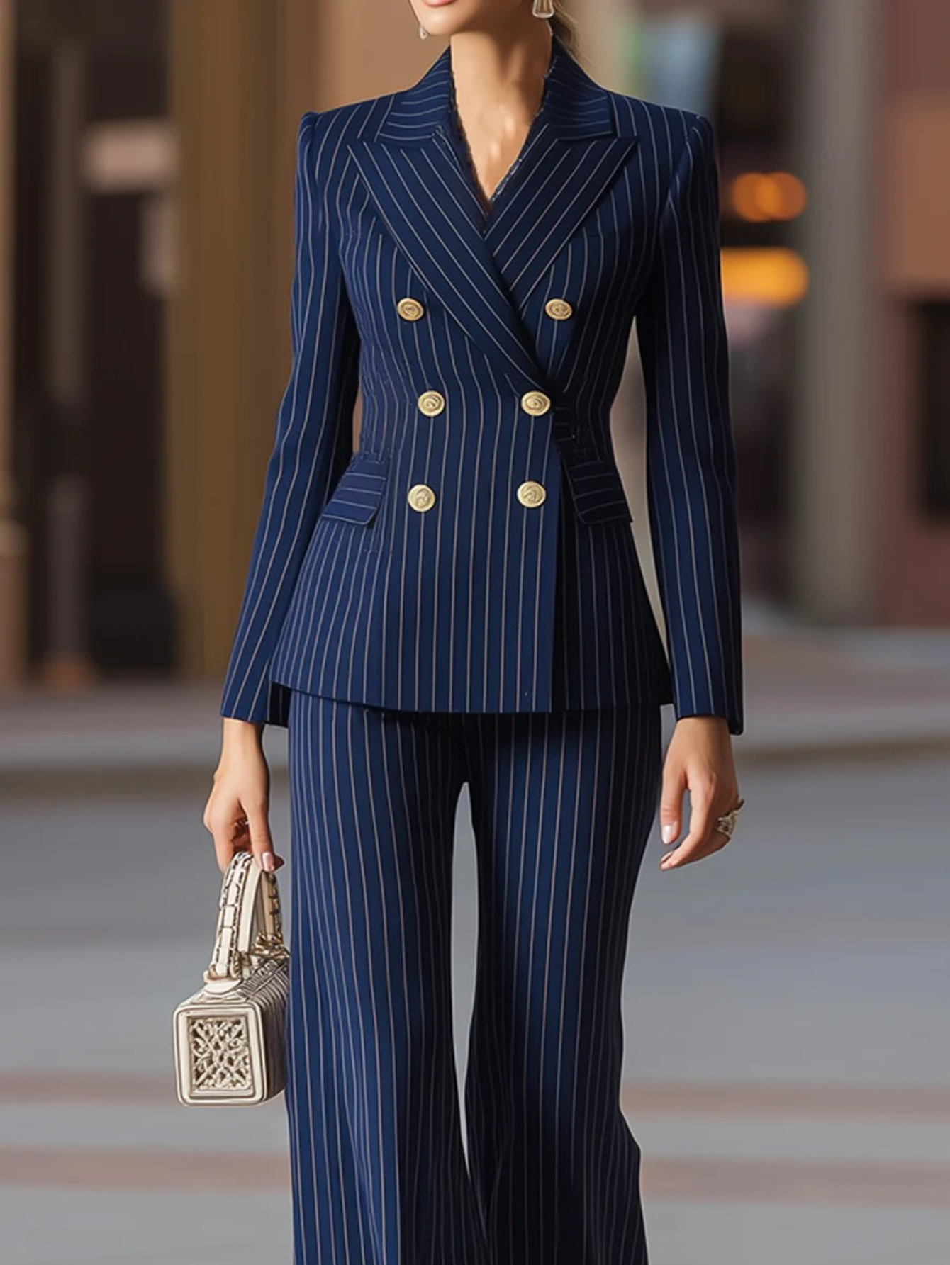 Elegant Navy Blue Double-Breasted Pants Set Chic Fall/* or Formal  Wear, Solid Color, Long Sleeve, Button-Up, Women'S Fashion, Formal