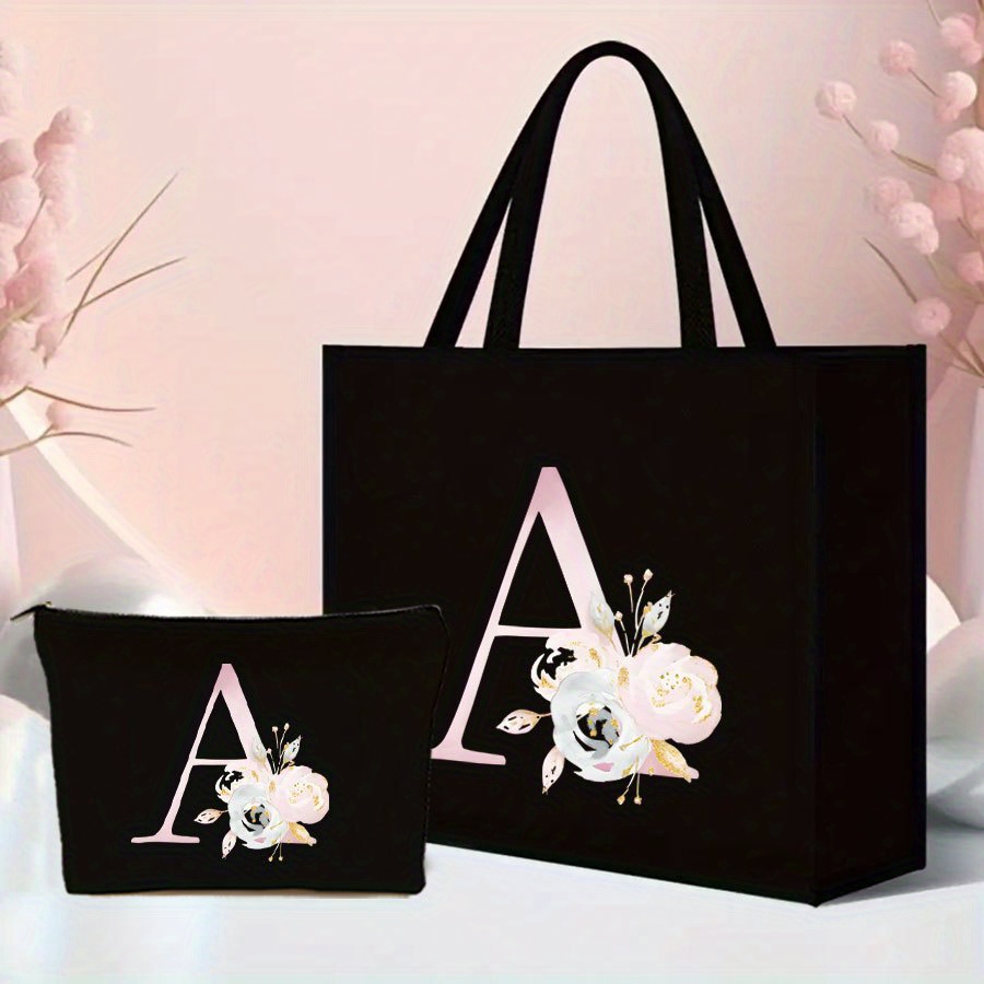 TEMU 2pcs Pink Flower Letter Pattern Tote Bag Set - Lightweight Burlap With Adorable Coin Purse - Perfect For Shopping, Travel & Beach - Durable &