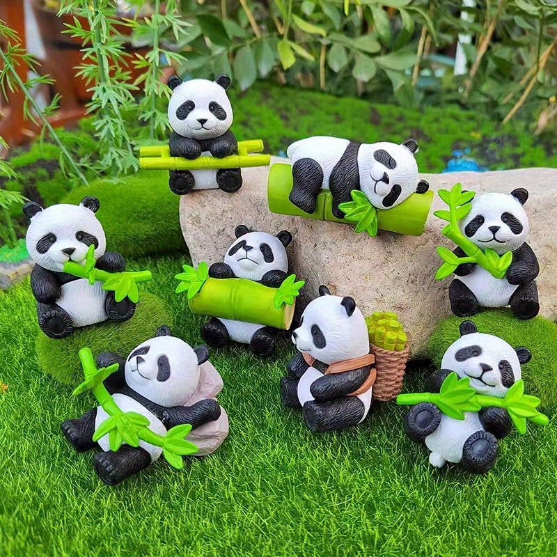 8pcs resin panda figurines holding bamboo cute sitting lying down poses black     decor weather resistant garden outdoor halloween decoration no electricity needed panda gifts festive display   decor durable decor animal statues gift  