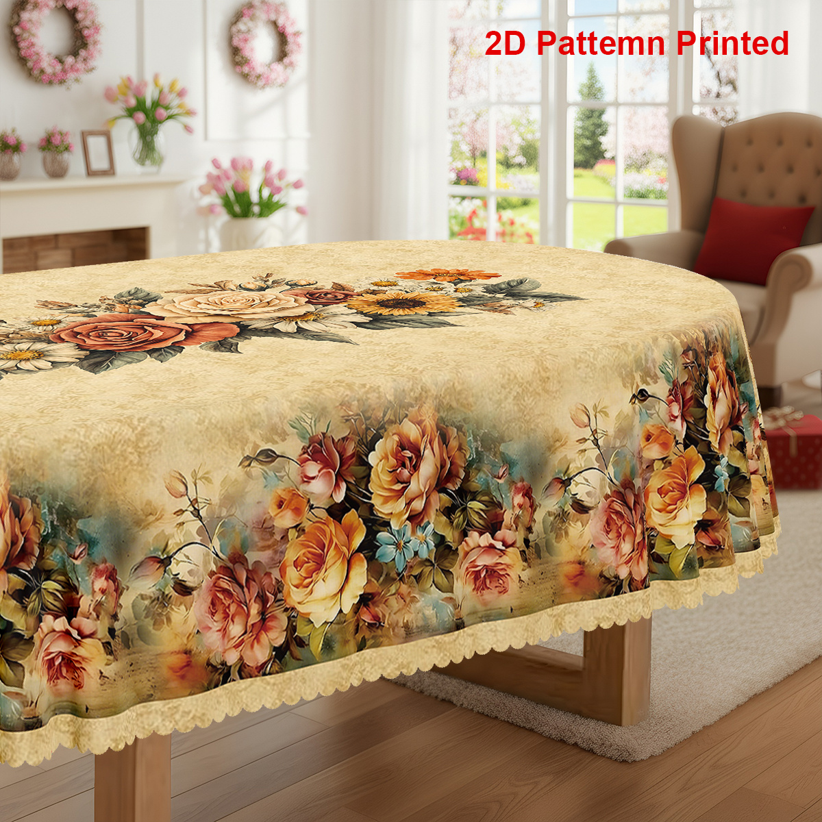 TEMU 1pc, Spring Summer Themed Party Tablecloth, Valentine's Day Mother's Day Floral Printed Design, Rectangular/round/oval Table Cloth, Embossed
