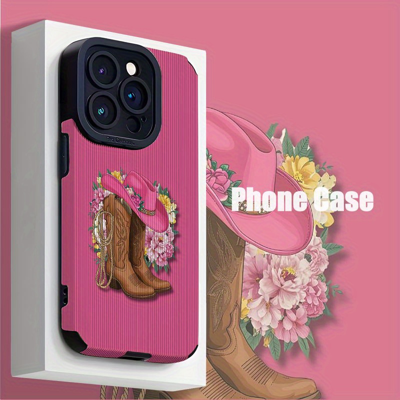 TEMU Retro Cute Pink Cowboy Boots Pattern Suitable For Tpu, Compatible With Iphone 16 Pro Max Phone Case, Fits Iphone 15 Pro Max/14/16 Plus/15/13