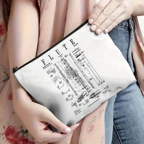 1pc Vintage Flute Makeup/Toiletry/Pencil Case Bag - Musical Instrument Designer with FLUTE Lettering - Compact Travel Organizer for s, Musicians, Gift for flute lovers - Cosmetic, Stationery, Essentials Storage Bag, Musician Accessory, Accessory, Secure Zipper Closure