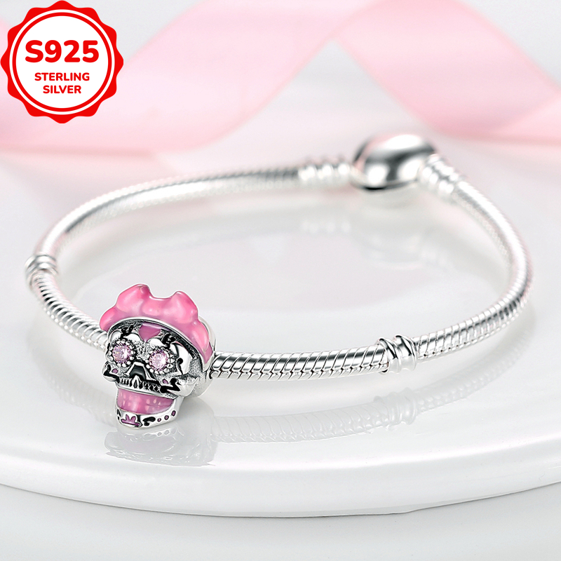 925 Sterling Silver Pink Skull Bead Charm Pendant