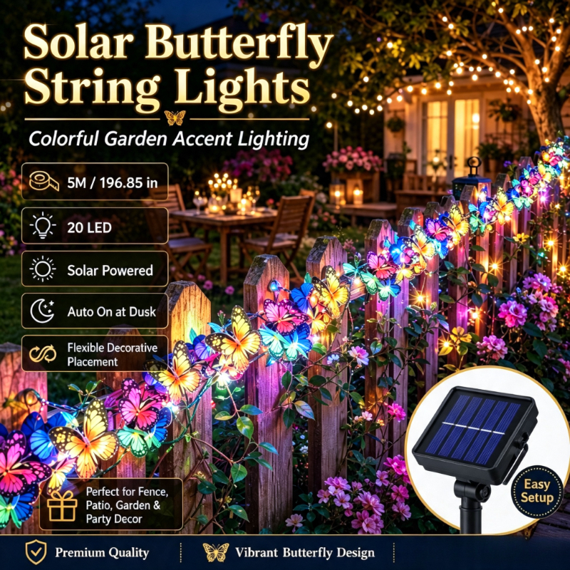 TEMU 1 String - Solar-powered String Lights With 20 Butterflies, Suitable For Outdoor And Lawns, Serving As Decorative Lighting For Courtyards And