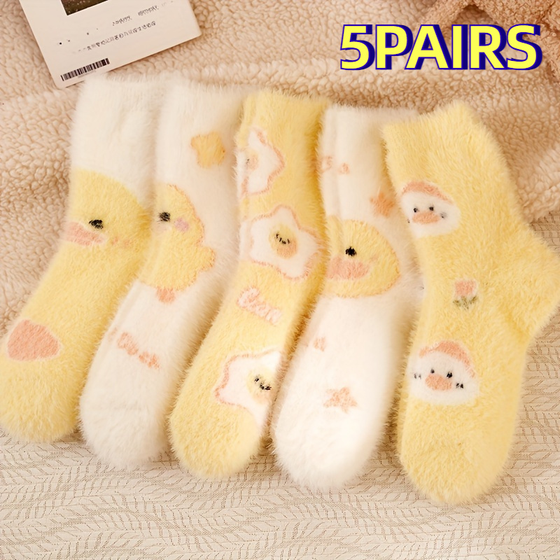 

Cozy Cartoon Duck Fuzzy Socks For Women - 1/5 Pairs, Warm & Soft Polyester , Fall/winter