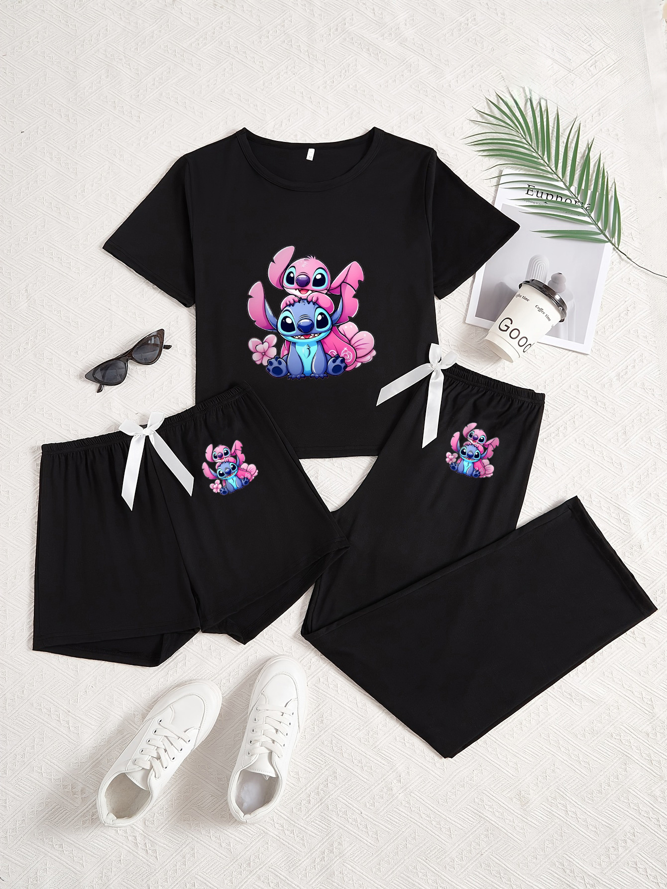 3pcs   cartoon print pajama set black t shirt shorts pants with     comfortable     ideal gift for fans   pajamas     fabric   pajamas Product details 0