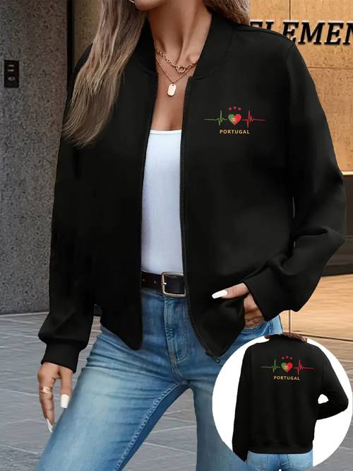 womens baseball collar jacket portugal and back print fit with zippered side pockets long sleeve midi length s xxl sizes