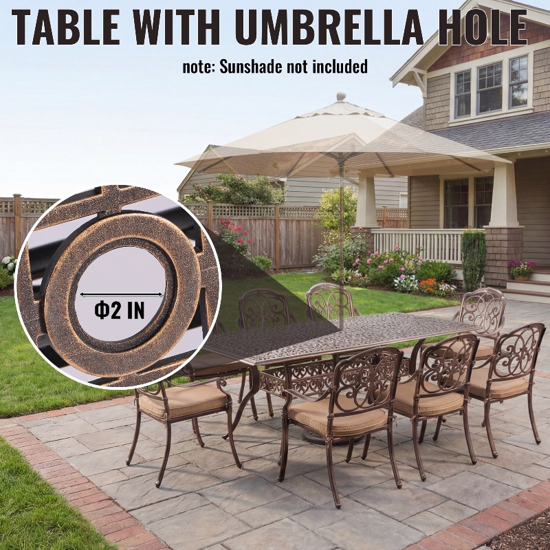 9pcs Cast Aluminum Outdoor Patio Dining Set - Ornate Scrollwork Design, Weather-Resistant Rust-Proof Frame, Square Table & 6 Cushioned Chairs, Suitable for Garden, Backyard & Poolside