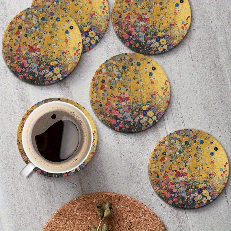 Image of 6pcs Round Wooden Coasters - Klimt Floral Golden Pattern - Home Decor Coffee Cup Drink Mats, Housewarming Beer Pads, 2d Flat Beverage Table Protectors, 4 Inches, 2d Flat