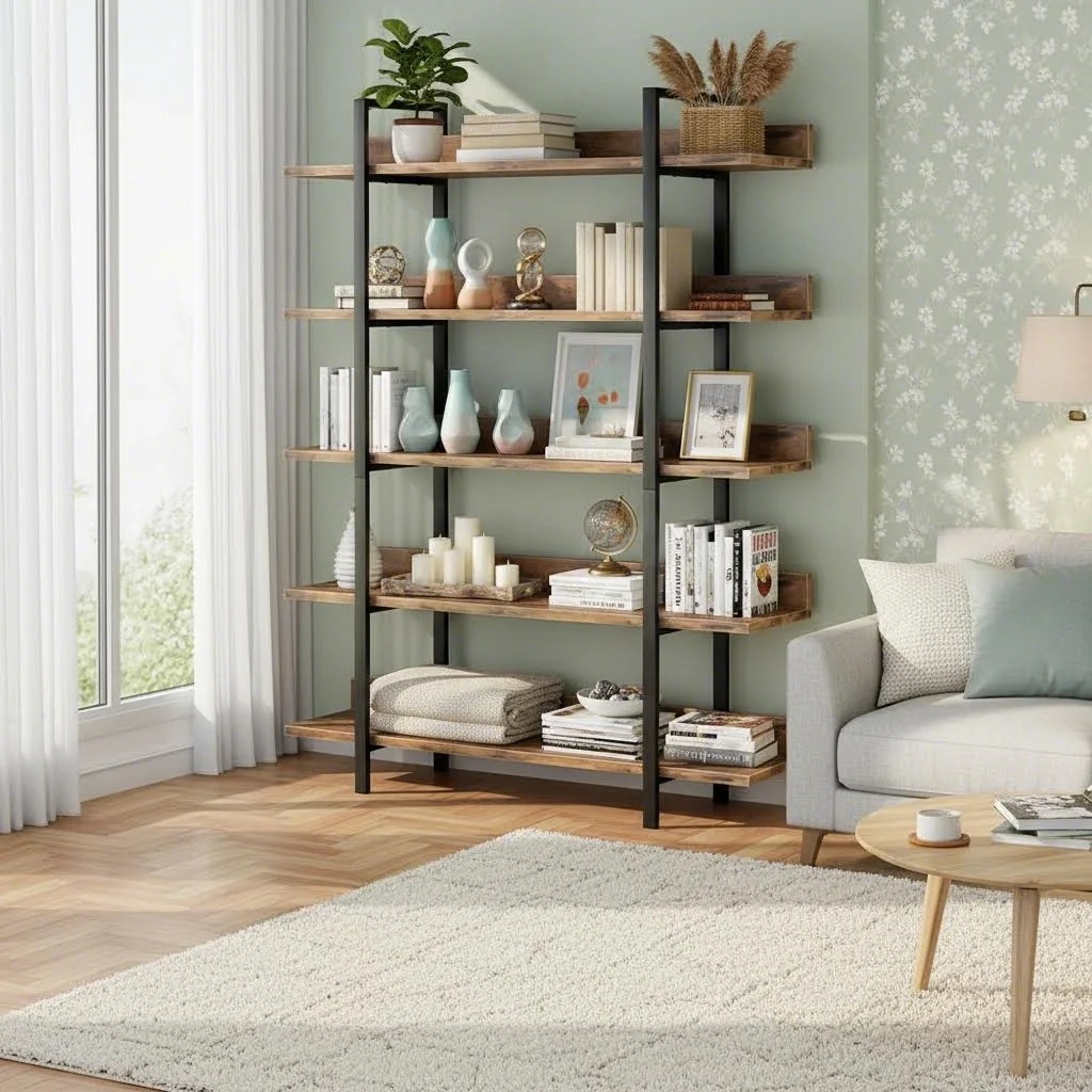 5-tier Industrial Ladder Bookshelf, Metal Frame Standing Display Rack With Rustic Wood Shelves (1pc)