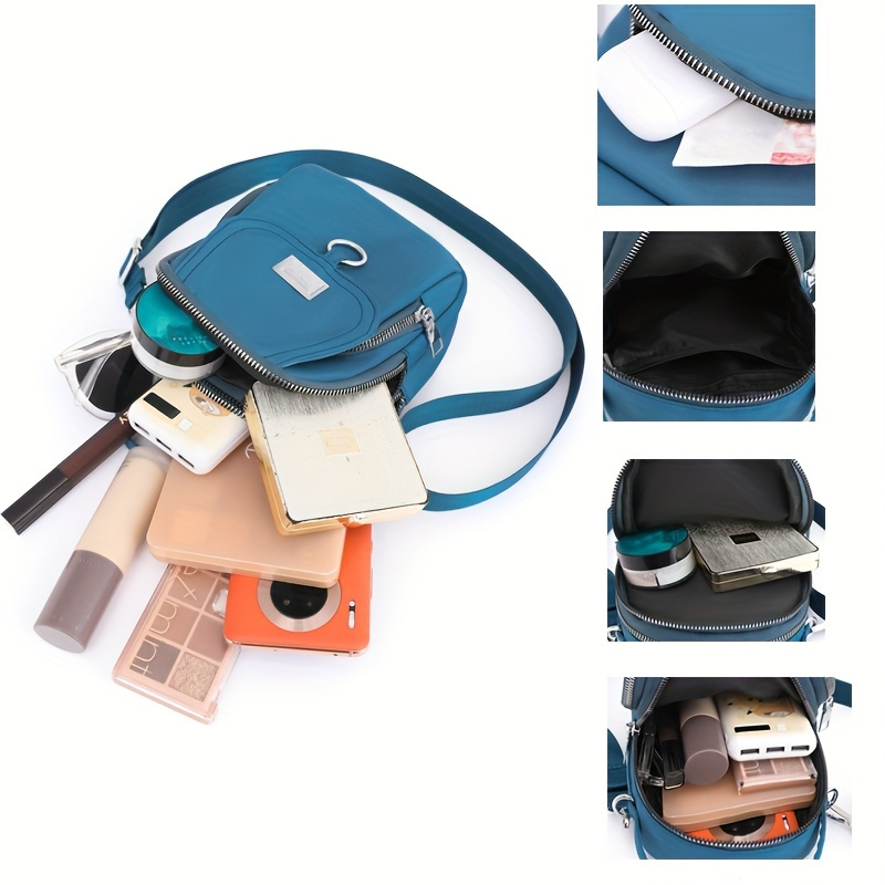 lightweight nylon womens messenger bag casual mini handbag with multi zipper compartments detachable adjustable shoulder strap front pocket   in lavender black dark purple grey brown sapphire blue small crossbody bag versatile travel purse secure zipper closure details 3