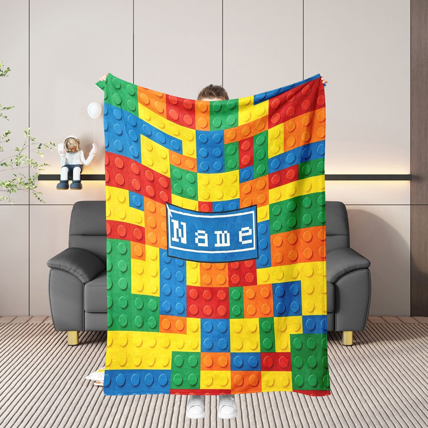 TEMU 1pc Personalized Building Block Pattern Custom Name Print Soft Warm Blanket, Suitable For Sofa. A For Personalized Blankets For Couples, ,