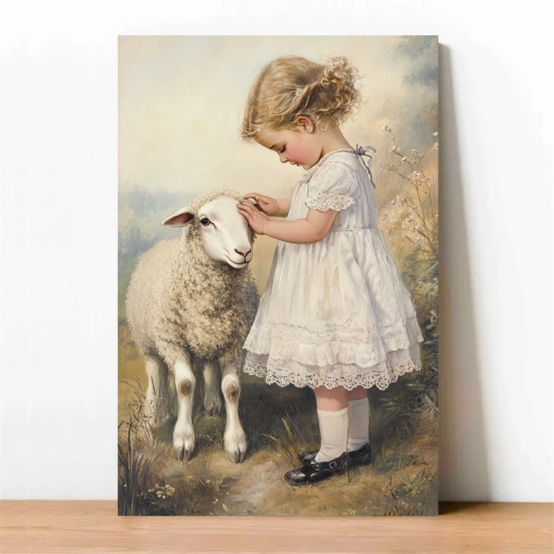 

1pc Vintage-style Canvas Poster, Girl And Lamb , For Living Room, Bedroom, Nursery, Decor, 11.8x15.7 Inches