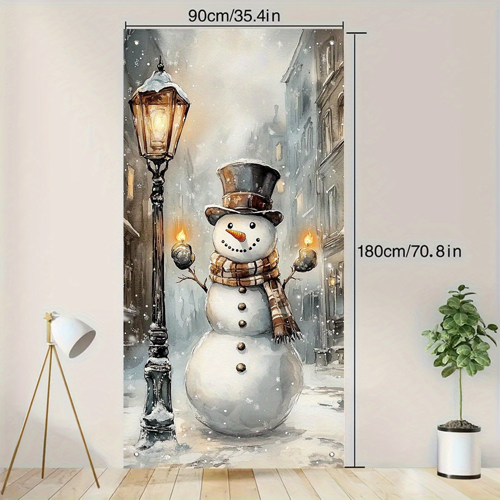 TEMU Bannière de porte festive de de neige, 35.4x70.8 pouces - Décoration murale en polyester imprimé 2D avec des lanternes chaudes et une scène de