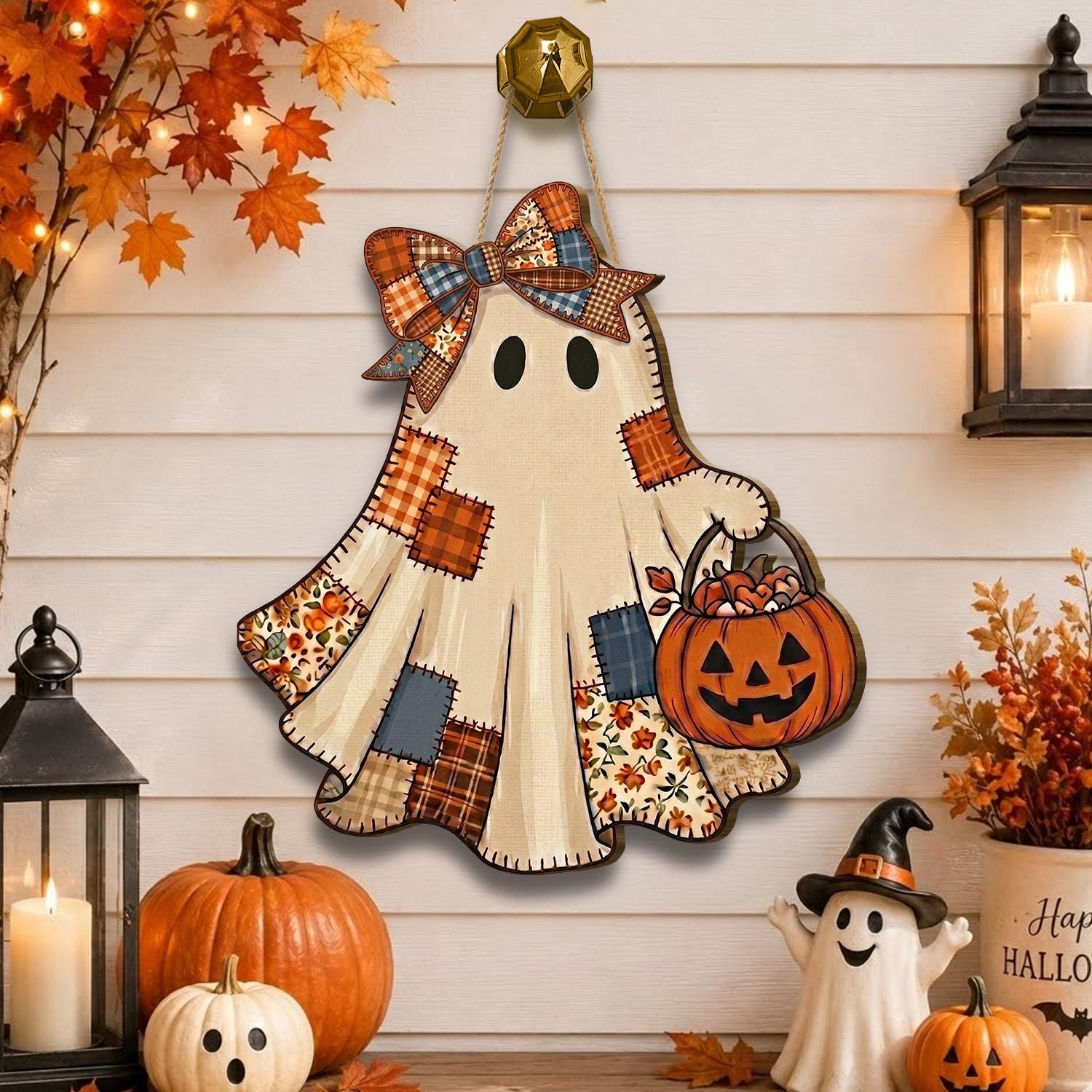 TEMU Rustic Wooden Door Hanger Sign, Vintage Bow With Pumpkin Basket Hanging Decor, Farmhouse Fall Halloween, Christmas, New Year Front Door Wall