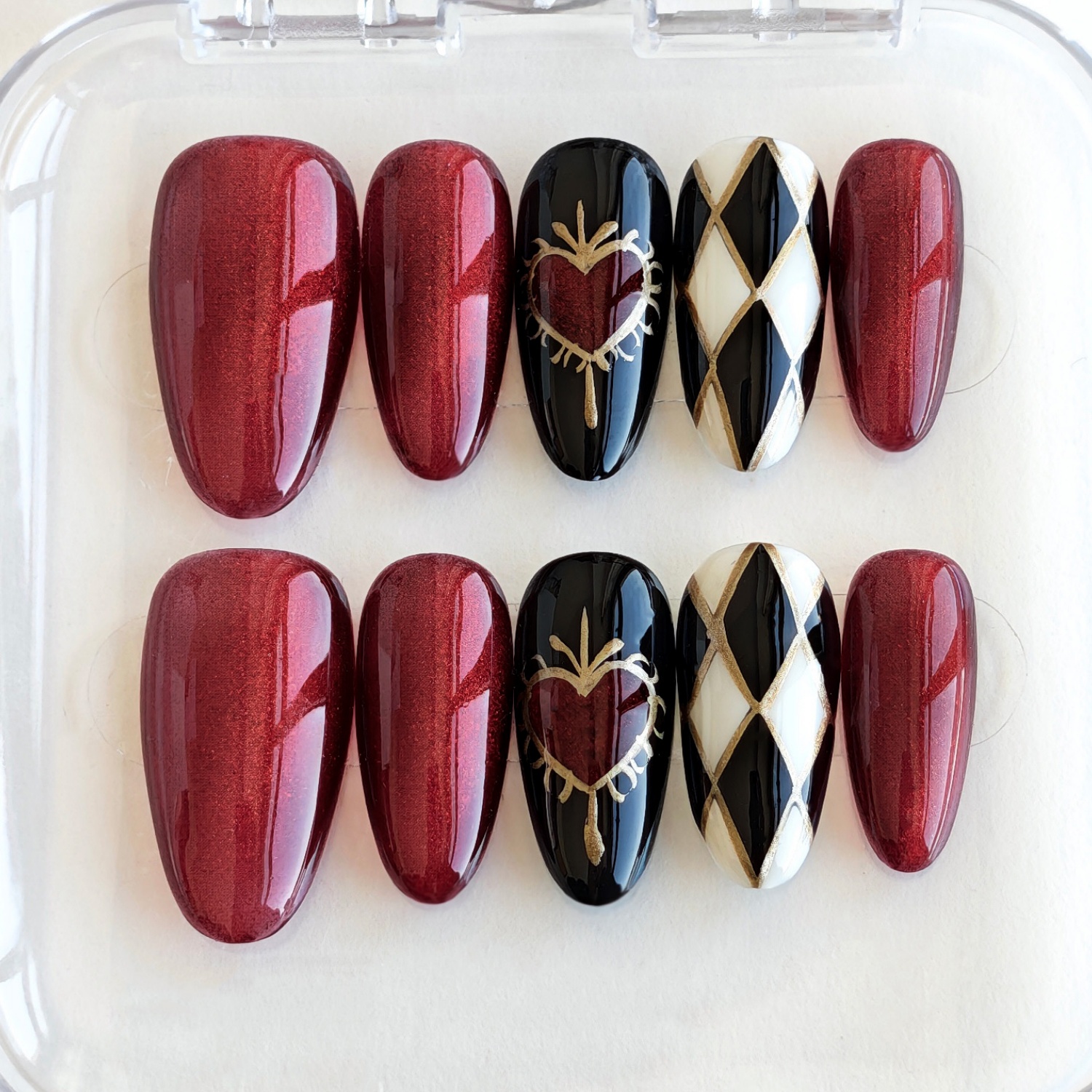 TEMU Nail | 10pcs Of Handmade Wearable Nails - Medium Oval Shape In Burgundy, Black, And Diamond Pattern, Gothic | Formal Events, -garde Parties,