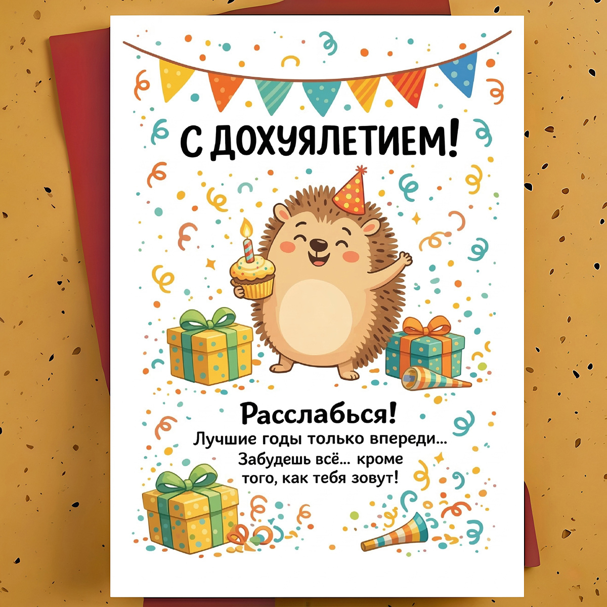1pc Funny Birthday Greeting Card For Friend, Coworker – Cartoon Hedgehog With Birthday Cupcake & Gifts Design, Sarcastic Humor Card, With Envelope